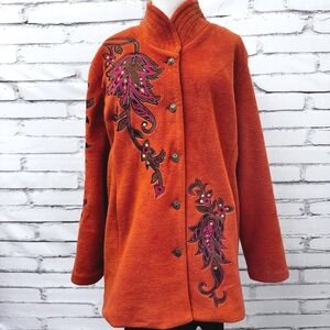 Bob Mackie Wearable Art Fleece Jacket Burnt Orange Floral Embroidered Womens L